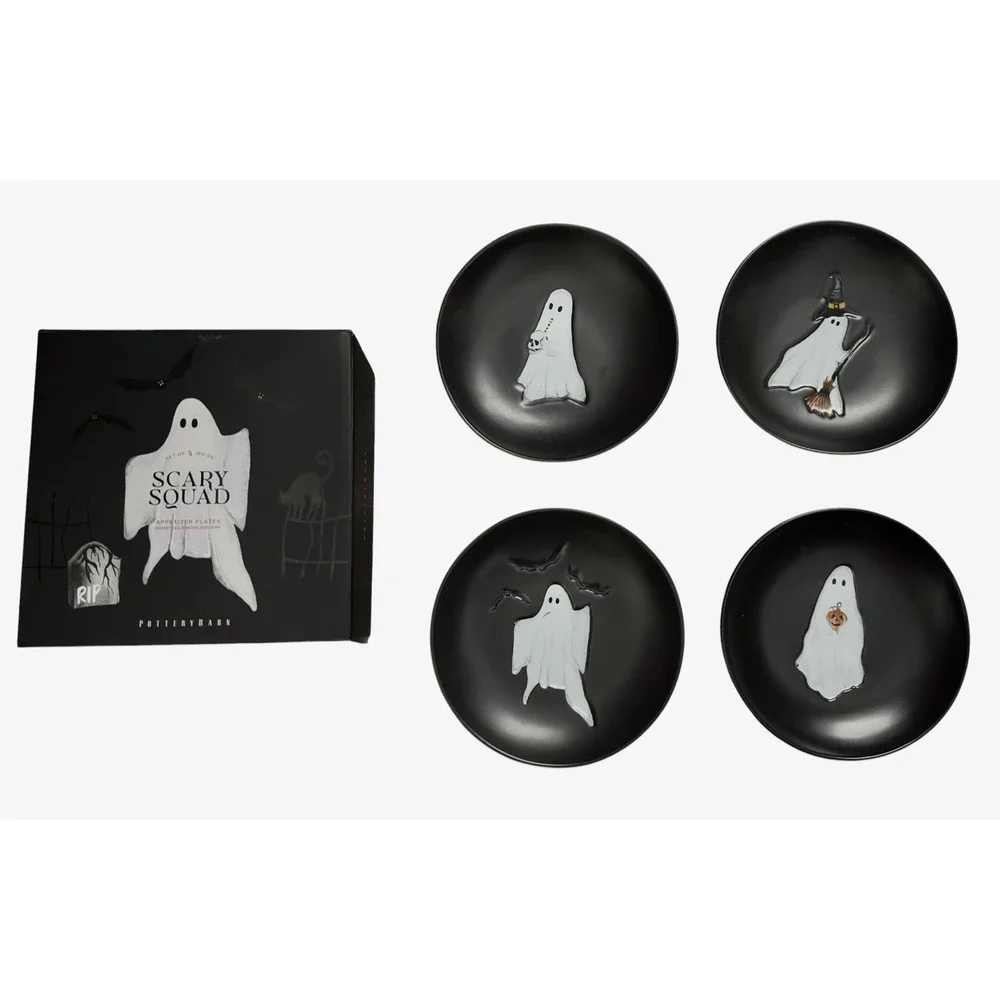 Pottery Barn Scary Squad Halloween Ghost Appetizer Plates Set of 4 Ceramic